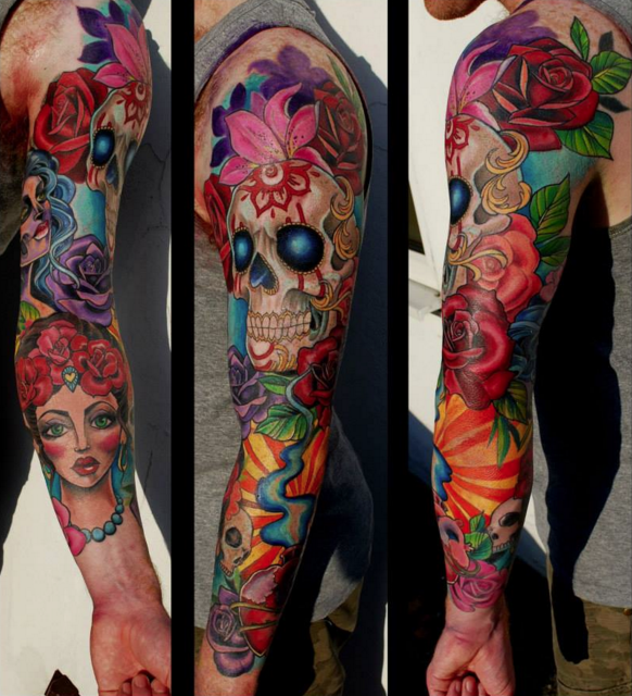 Skull and Flowers Sleeve by Hannah Calavera TattooNOW